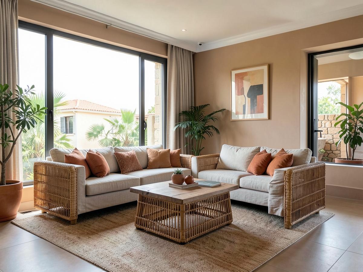 Séjour meublé lumineux avec mobilier en rotin